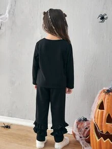 SHEIN Toddler Girls Halloween Slogan And Ghost Print Tee & Layered Ruffle Trim Pants - Black - View 2