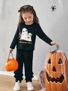 SHEIN Toddler Girls Halloween Slogan And Ghost Print Tee & Layered Ruffle Trim Pants - Black - View 3
