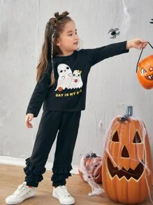 SHEIN Toddler Girls Halloween Slogan And Ghost Print Tee & Layered Ruffle Trim Pants - Black - View 4