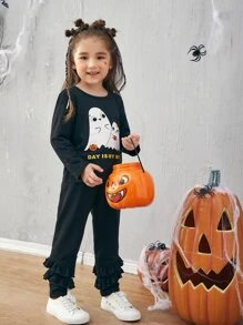 SHEIN Toddler Girls Halloween Slogan And Ghost Print Tee & Layered Ruffle Trim Pants - Black - View 5