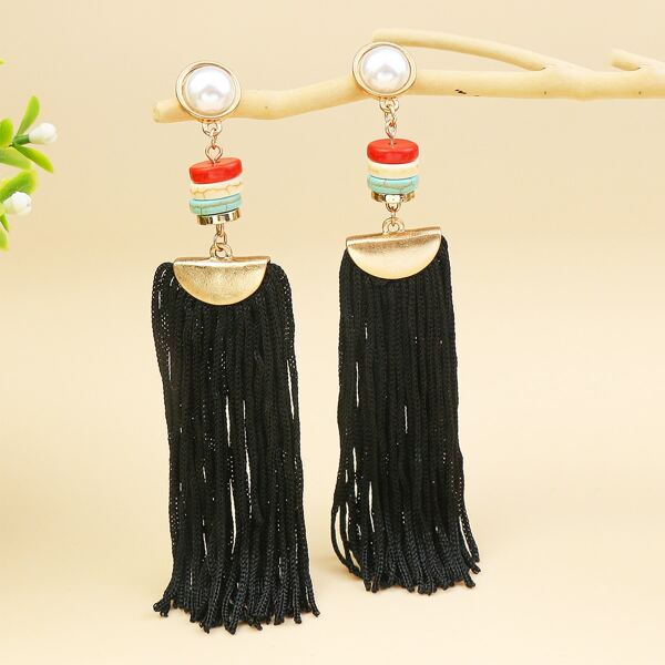 

Tassel Decor Drop Earrings, Black