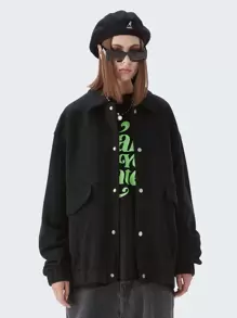 Flap Detail Drop Shoulder Jacket - Black - View 1