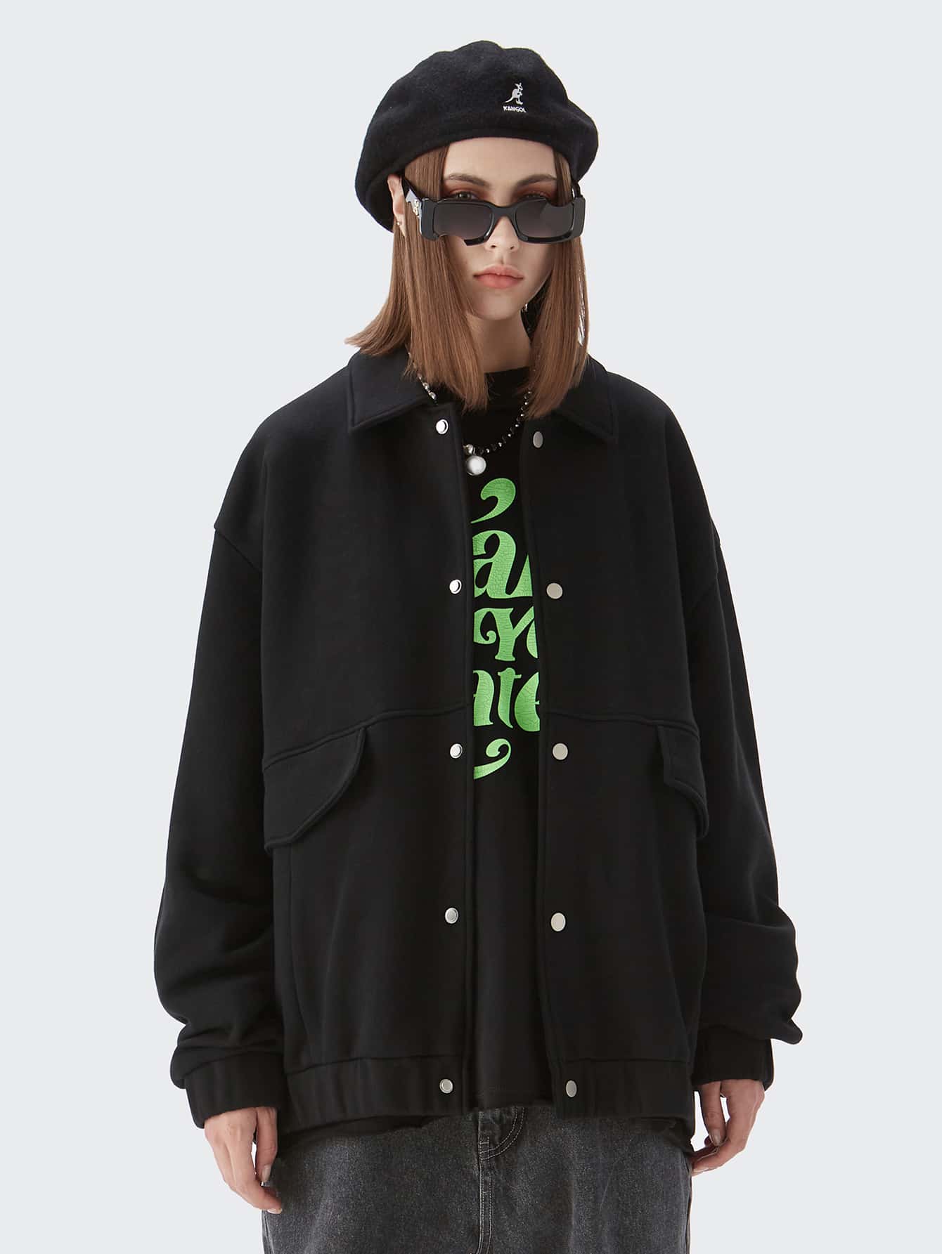 Flap Detail Drop Shoulder Jacket - Black - View 1