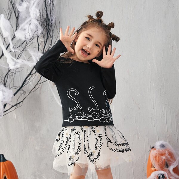 

Toddler Girls Cat Print Tee, Black
