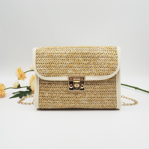 

Contrast Binding Vacation Straw Crossbody Bag, Apricot