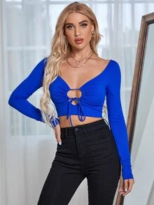 Top corto de unicolor con espalda descubierta y estilo fashionable y sexy - azul real - Ver 3