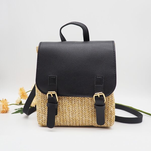 

Buckle Decor Straw Detail Flap Backpack, Multicolor