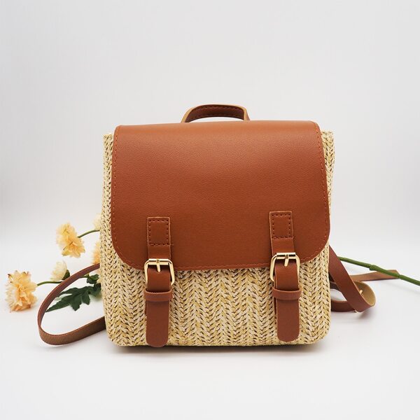 

Buckle Decor Straw Detail Flap Backpack, Multicolor