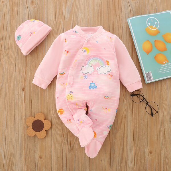 

для детей Комбинезон с мультипликационным узором вышивкой радуги с бейсбольным воротником из фланели с шапкой, Нежний розовый