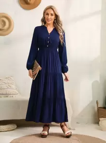 EMERY ROSE Vestido de manga farol con botón bajo con fruncido - Azul Marino - Ver 1
