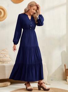 EMERY ROSE Vestido de manga farol con botón bajo con fruncido - Azul Marino - Ver 3