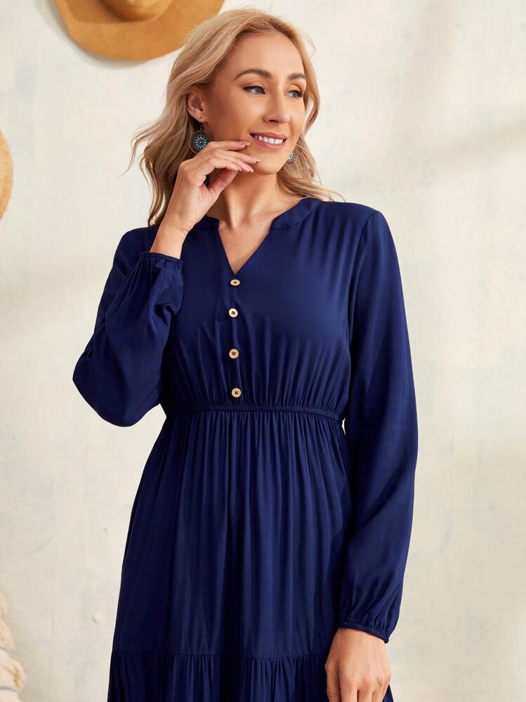 EMERY ROSE Fall Women Clothes Women's Casual All-Over Print Notched Neck Dress, Spring & Fall Fall Clothes Women - Navy Blue - View 4