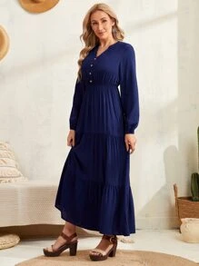 EMERY ROSE Vestido de manga farol con botón bajo con fruncido - Azul Marino - Ver 5