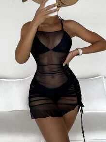 SHEIN Swim Cover up con cordón fruncido - Negro - Ver 1