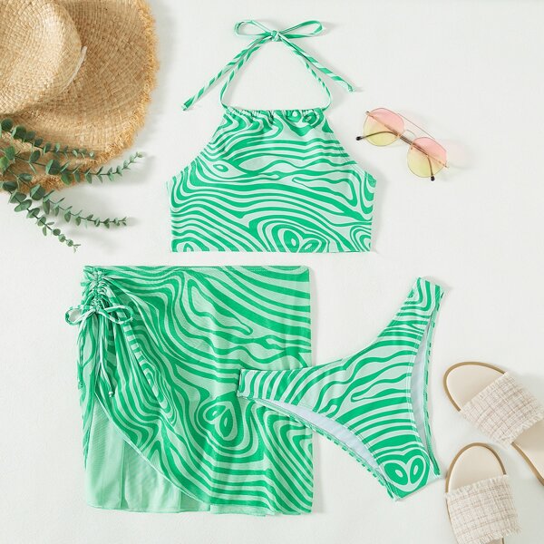 

3pack Fluid Pattern Halter Bikini Swimsuit & Beach Skirt, Green