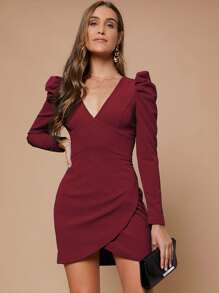 BizChic Chất rắn Tay áo Đầm Trang phục làm việc - Màu Đỏ Sâu - Xem 4