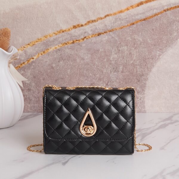 

Metal Decor Quilted Flap Square Bag, Black
