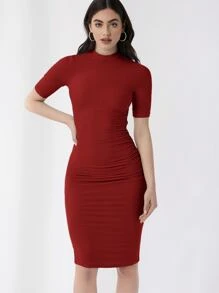 SHEIN Essnce Mock Neck Solid Bodycon Dress - Burgundy - View 3