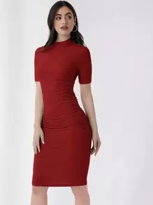 SHEIN Essnce Mock Neck Solid Bodycon Dress - Burgundy - View 4