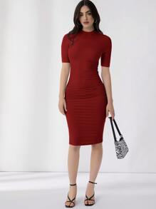SHEIN Essnce Mock Neck Solid Bodycon Dress - Burgundy - View 5
