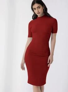 SHEIN Essnce Mock Neck Solid Bodycon Dress - Burgundy - View 6