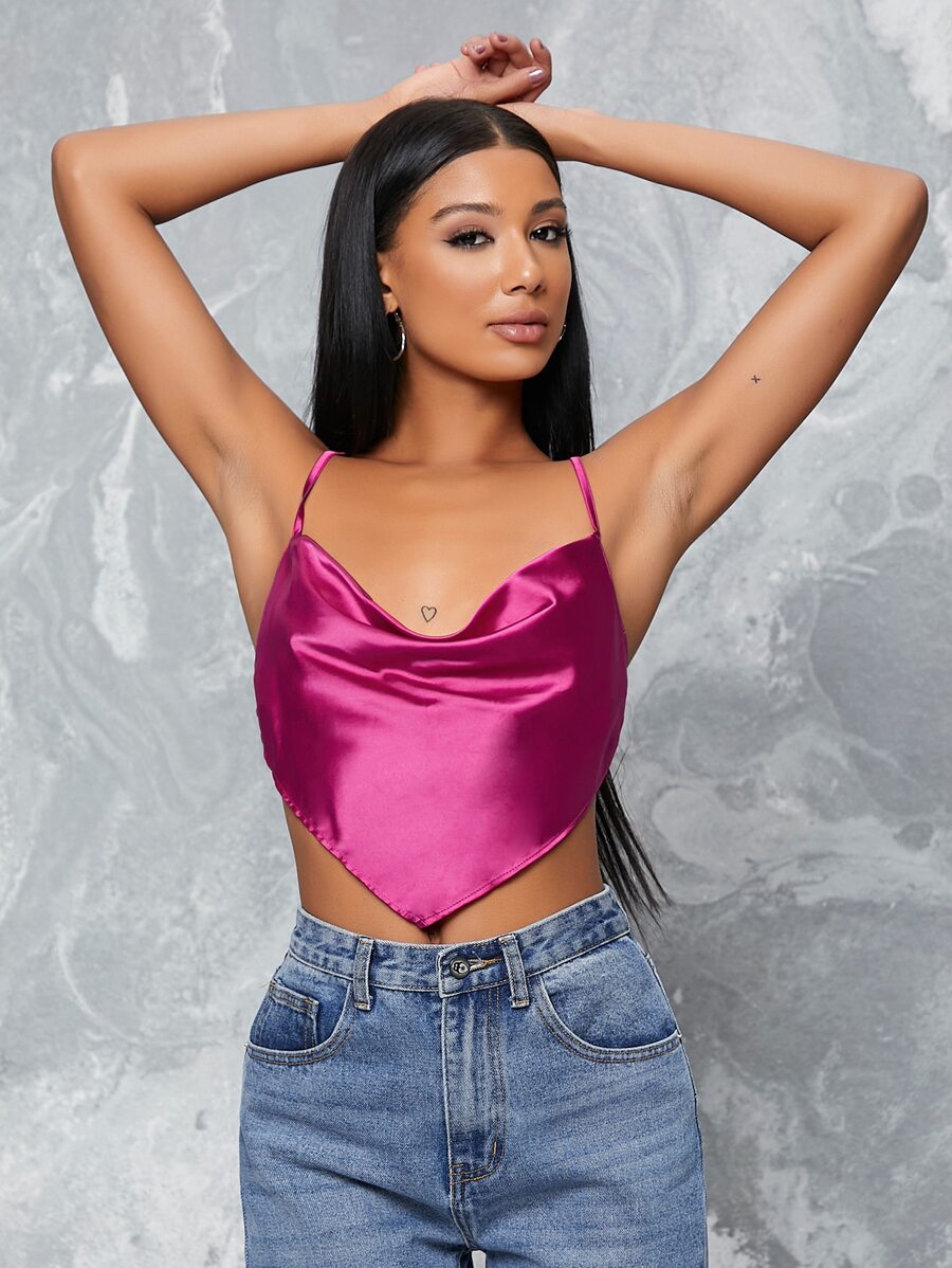 SHEIN BAE Satin Self-Tie Backless Bandana Top - Hot Pink - View 1
