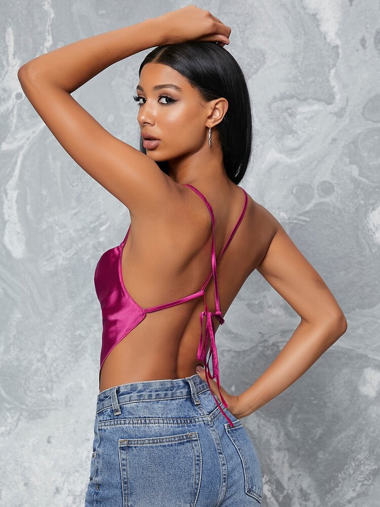 SHEIN BAE Satin Self-Tie Backless Bandana Top - Hot Pink - View 2