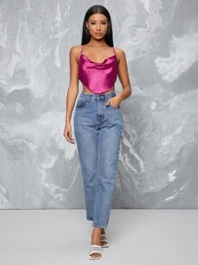 SHEIN BAE Satin Self-Tie Backless Bandana Top - Hot Pink - View 3