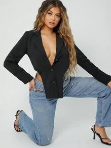 Top manga larga de espalda abierta bajo asimétrico - Negro - Ver 1