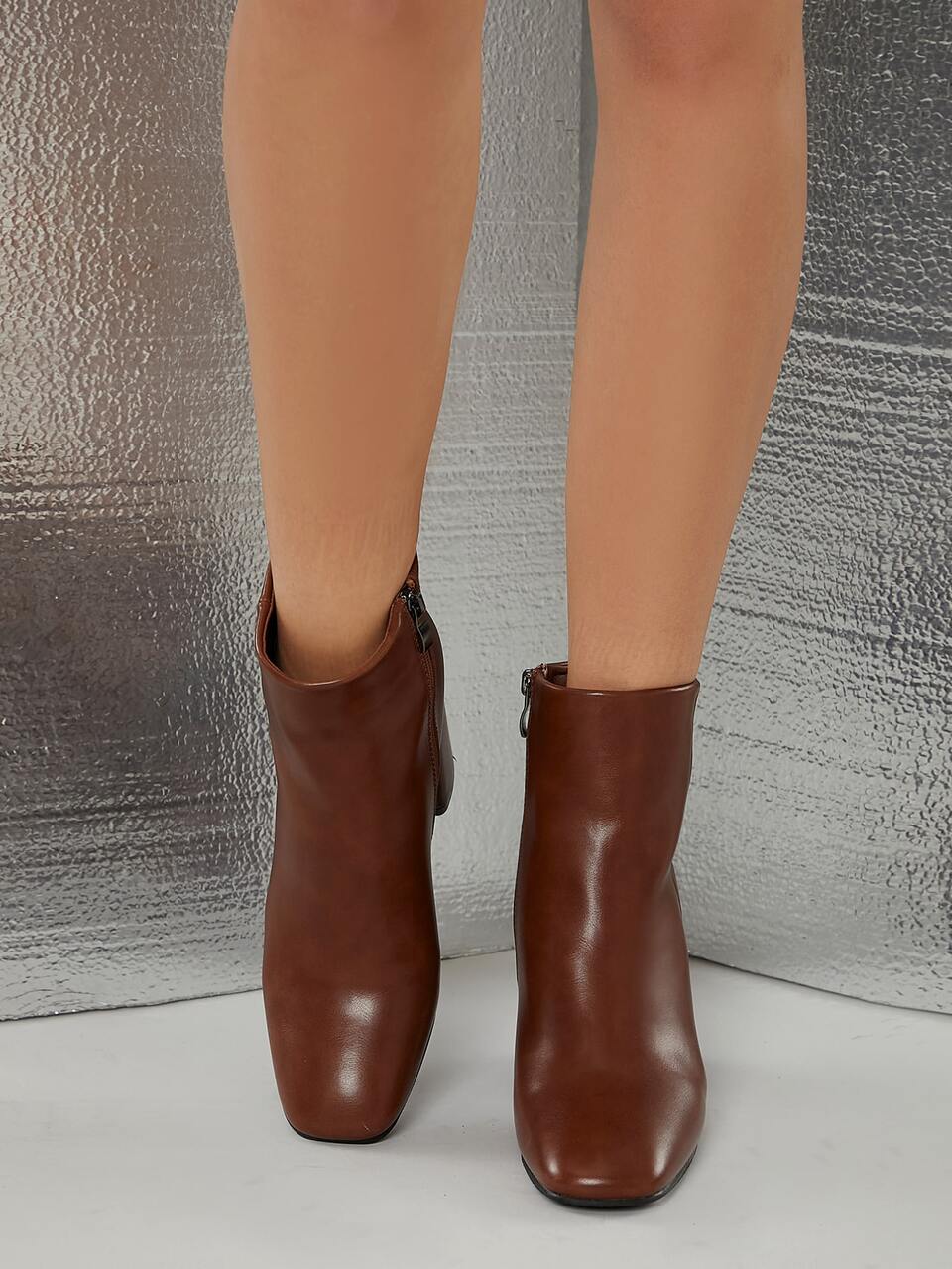 Women Shoes Round Toe Chunky Heel Cognac Pu Chelsea Boots Women Ankle Boots For Christmas