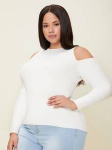 SHEIN Plus Cold Shoulder Ribbed Knit Jumper - White - View 1