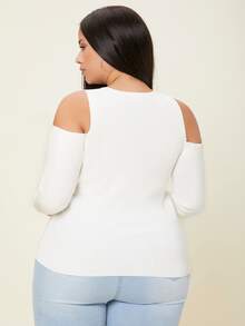 SHEIN Plus Cold Shoulder Ribbed Knit Jumper - White - View 2