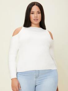SHEIN Plus Cold Shoulder Ribbed Knit Jumper - White - View 4