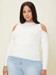 SHEIN Plus Cold Shoulder Ribbed Knit Jumper - White - View 5