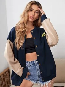 SHEIN Unity Letter Graphic Colourblock Drop Shoulder Button Front Sweatshirt - Navy Blue - View 1