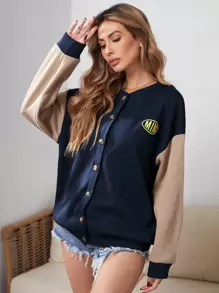 SHEIN Unity Letter Graphic Colourblock Drop Shoulder Button Front Sweatshirt - Navy Blue - View 3