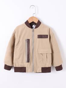 Niñas Cazadora tipo bomber con bolsillo con solapa de color combinado con cremallera - Caqui - Ver 1