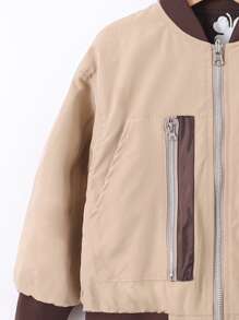 Niñas Cazadora tipo bomber con bolsillo con solapa de color combinado con cremallera - Caqui - Ver 3