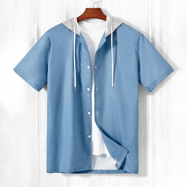 

Men Button Front Drawstring Hooded Shirt Without Tee, Dusty blue