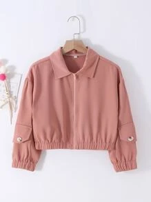 Girls Flap Detail Drop Shoulder Zipper Jacket - Dusty Pink - View 1
