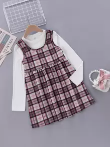 Girls Ribbed Knit Tee & Tartan Dress