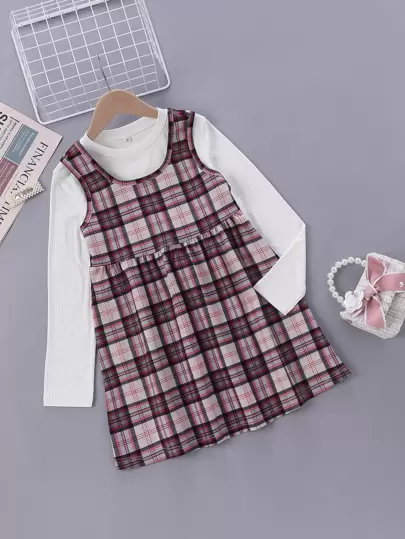 Girls Ribbed Knit Tee & Tartan Dress