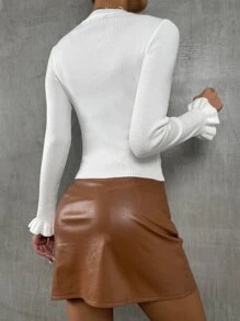 SHEIN Privé Áo len viền lá sen màu trơn Giải trí - trắng - Xem 3