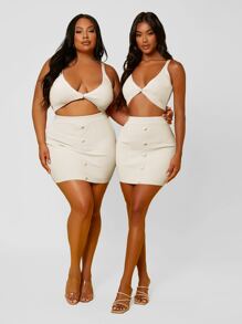 SHEIN 1 pieza top tejido de canalé con botón - Blanco - Ver 1