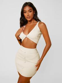 SHEIN 1 pieza top tejido de canalé con botón - Blanco - Ver 3