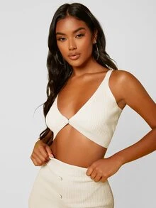SHEIN 1 pieza top tejido de canalé con botón - Blanco - Ver 4