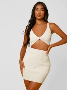 SHEIN 1 pieza top tejido de canalé con botón - Blanco - Ver 5
