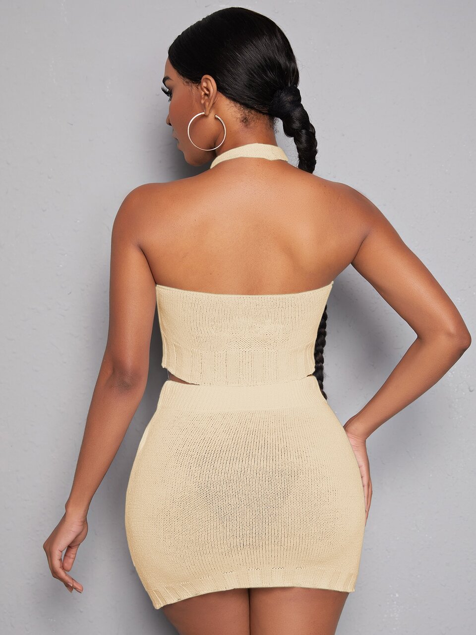 Rib-knit Sweater Halter Top & Bodycon Skirt Set