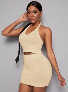 Slaydiva Áo len hai mảnh Buộc lại Gân đan màu trơn Gợi cảm - Màu be - Xem 5