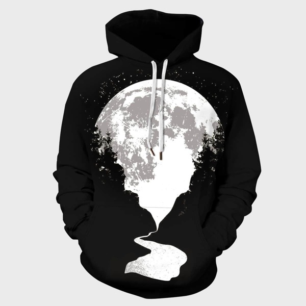 

Men 3D Moonlight Landscape Print Hooded Sweatshirt, Black and white